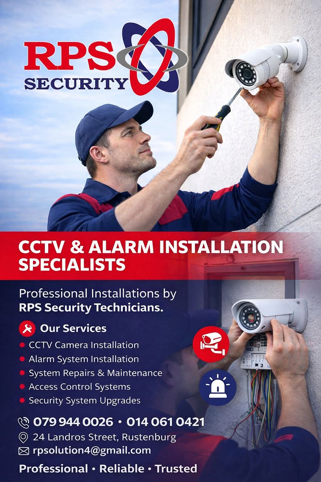 RPS Security flyer: CCTV and alarm installation &mdash; professional installations by RPS Security technicians.