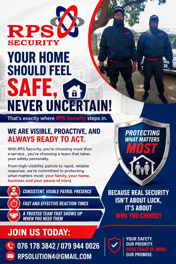 RPS Security poster: Your Home Should Feel Safe, Never Uncertain &mdash; consistent visible patrol presence, fast reaction times, a trusted team.