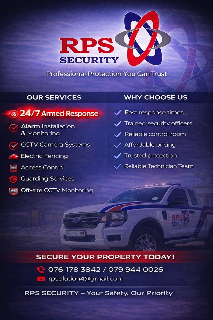 RPS Security poster: Professional Protection You Can Trust &mdash; our services and why choose us, with a marked RPS response bakkie.