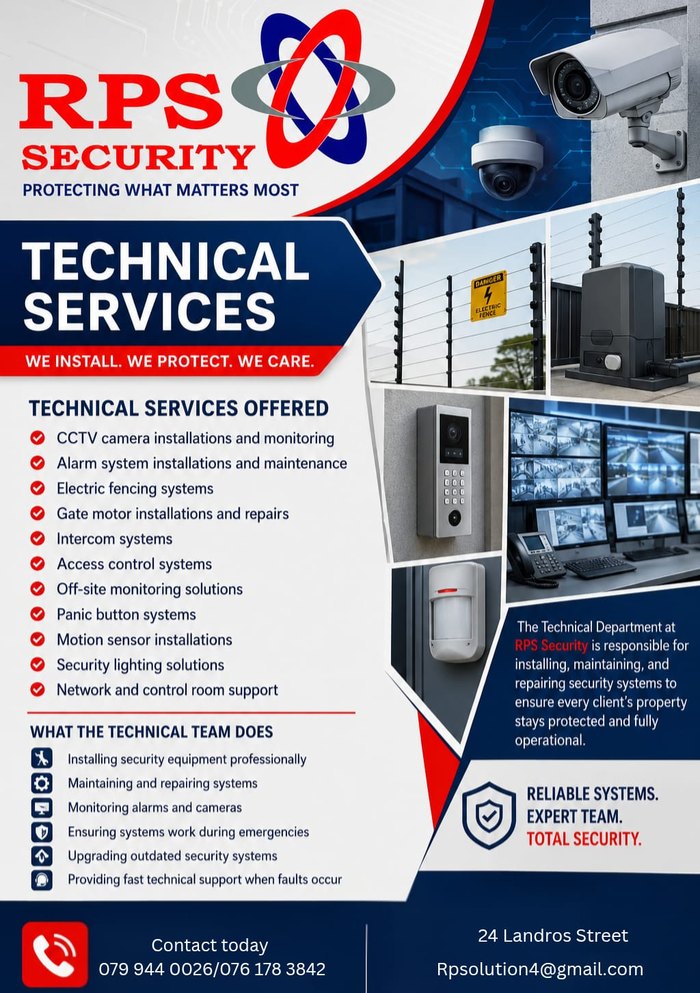RPS Security poster: Technical Services &mdash; CCTV, alarms, electric fencing, gate motors, intercoms, access control, panic buttons and security lighting.