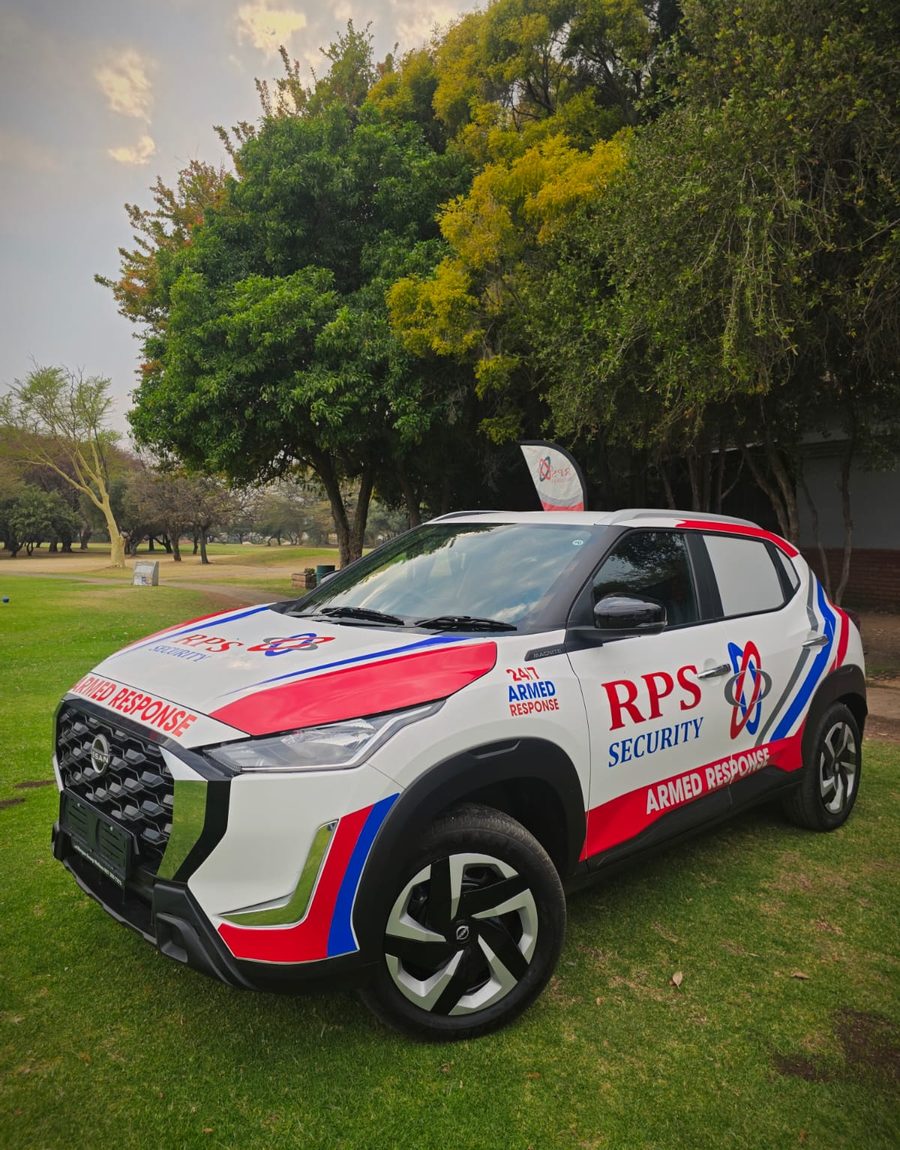 An RPS Security armed response vehicle in Rustenburg, in the company's red, white and blue livery